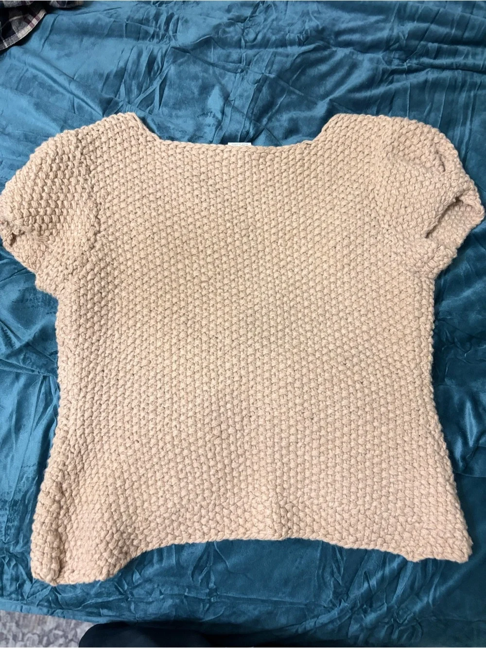Crystal-Pocket Short-Sleeve Knit Cardigan in Light Beige
